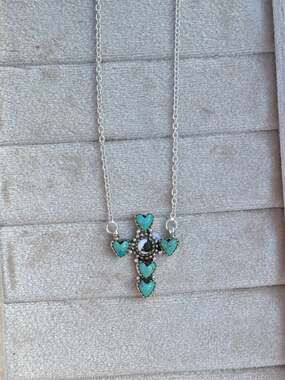 Handmade Sterling Silver Kingman Turquoise and White Buffalo Cross Necklace